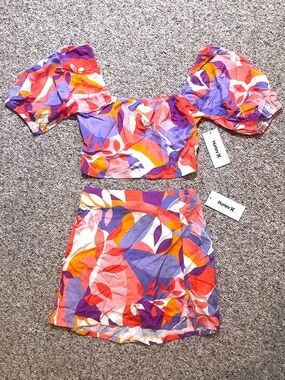 Hurley Quilted Vines Multi Colored Ruffle Sleeve Top & Mini Skirt Set NWT